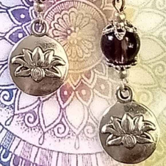 AMETHYST STONE EARRINGS, SILVERY LOTUS DANGLE - Picture 2 of 7